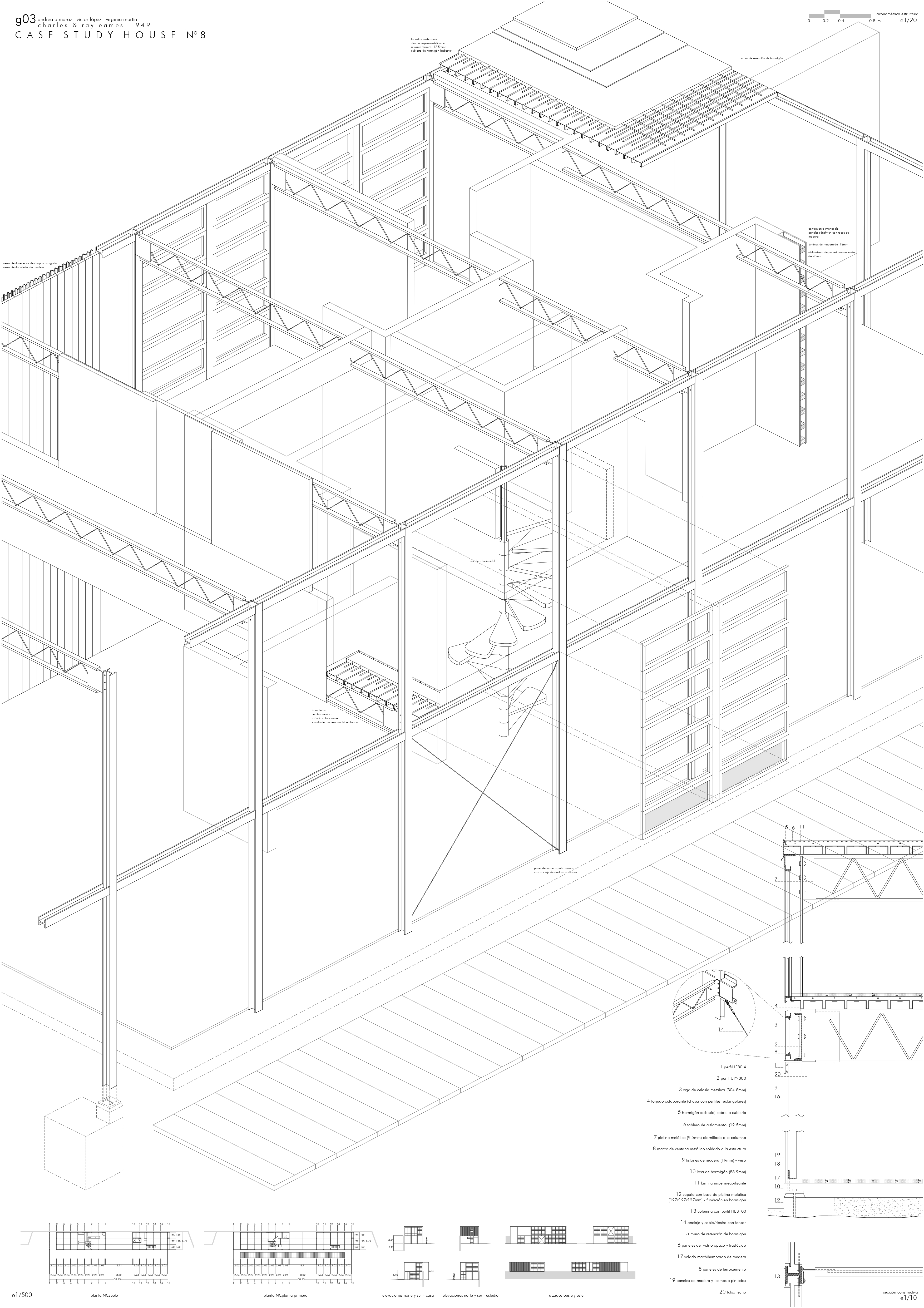 Lámina con sección en perspectiva, detalles y alzado